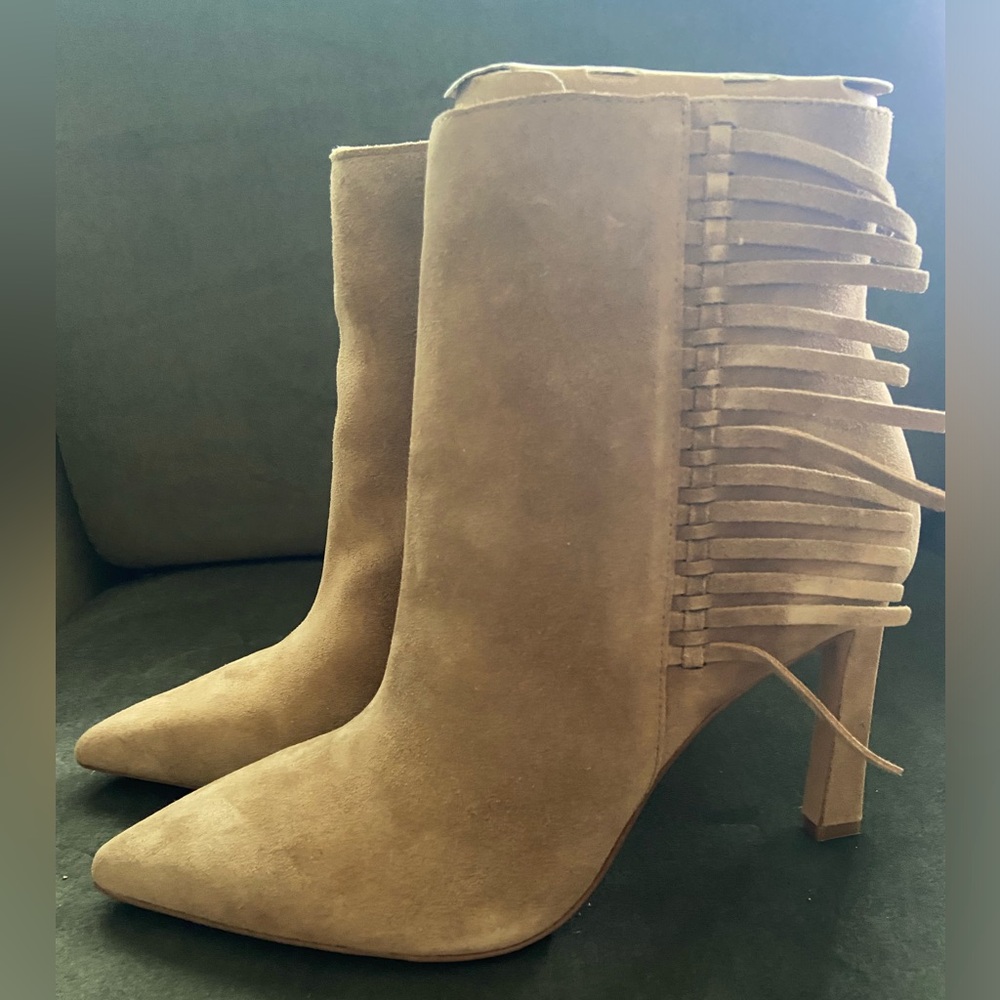 Vince Camuto Fringe High Heel Booties Tan Suede Ankle Boots